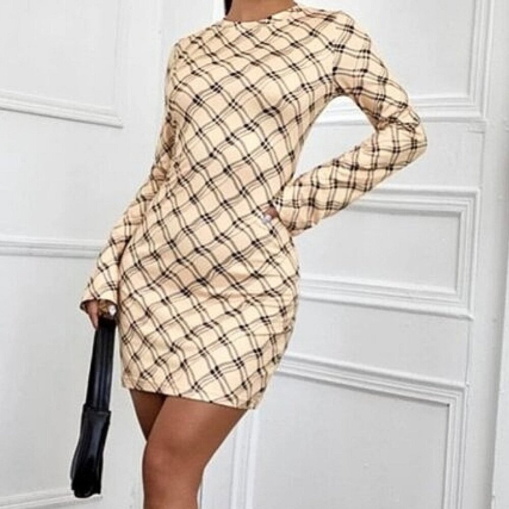 NWOT Plaid tartan Retro Dress in Beige